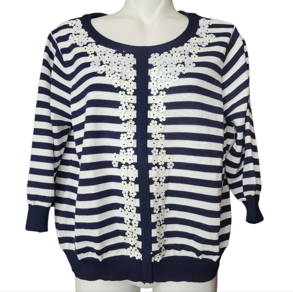Cathy Daniels Navy/White Stripe Sweater  Floral Sequin Lightweight S7
